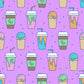 Pattern of colorful coffee drink cups on a purple background
