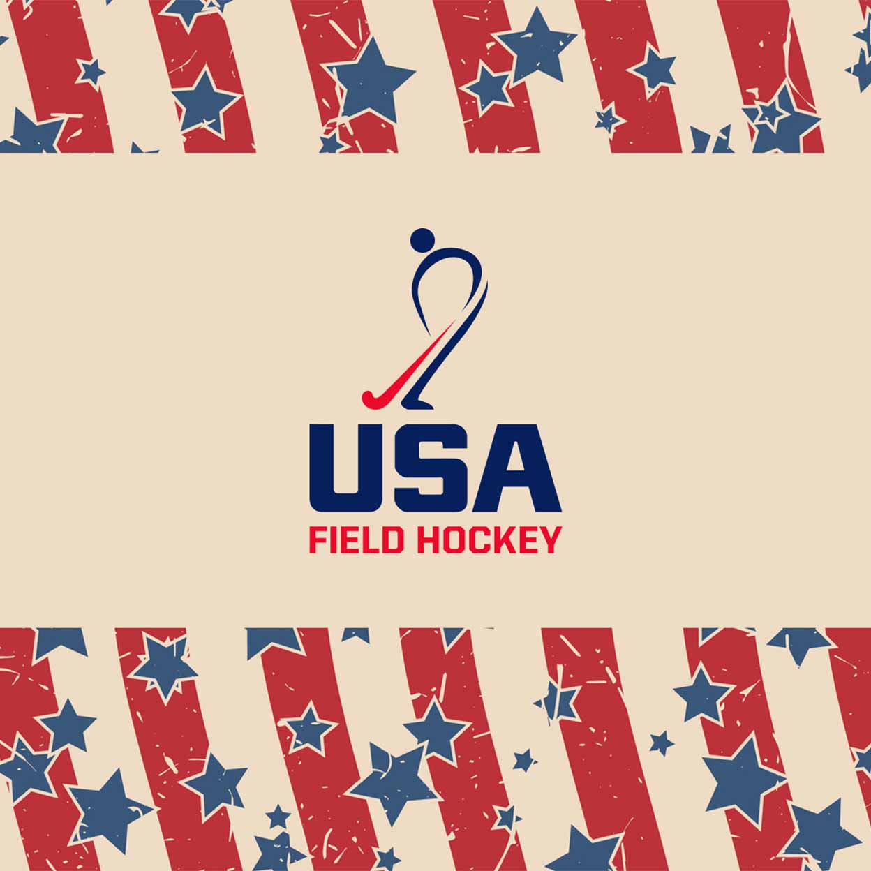 USA Field Hockey logo on an off white background surrounded by wavy red stripes and blue stars.
