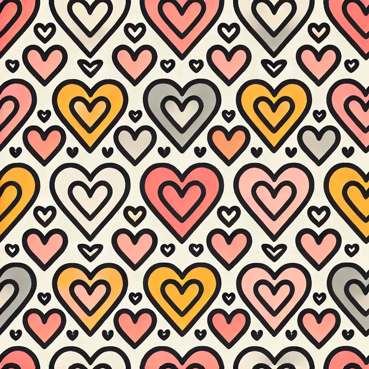 Pink, orange, white, and grey hearts on a white background pattern for the Hocsocx Under Shin-Guard Socks.