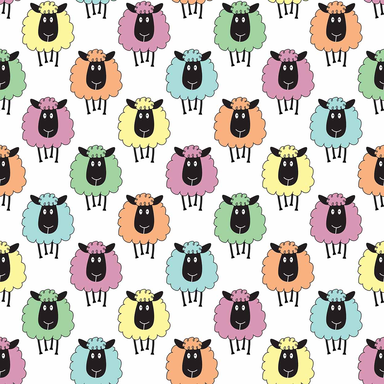 Pattern of colorful cartoon sheep on a white background