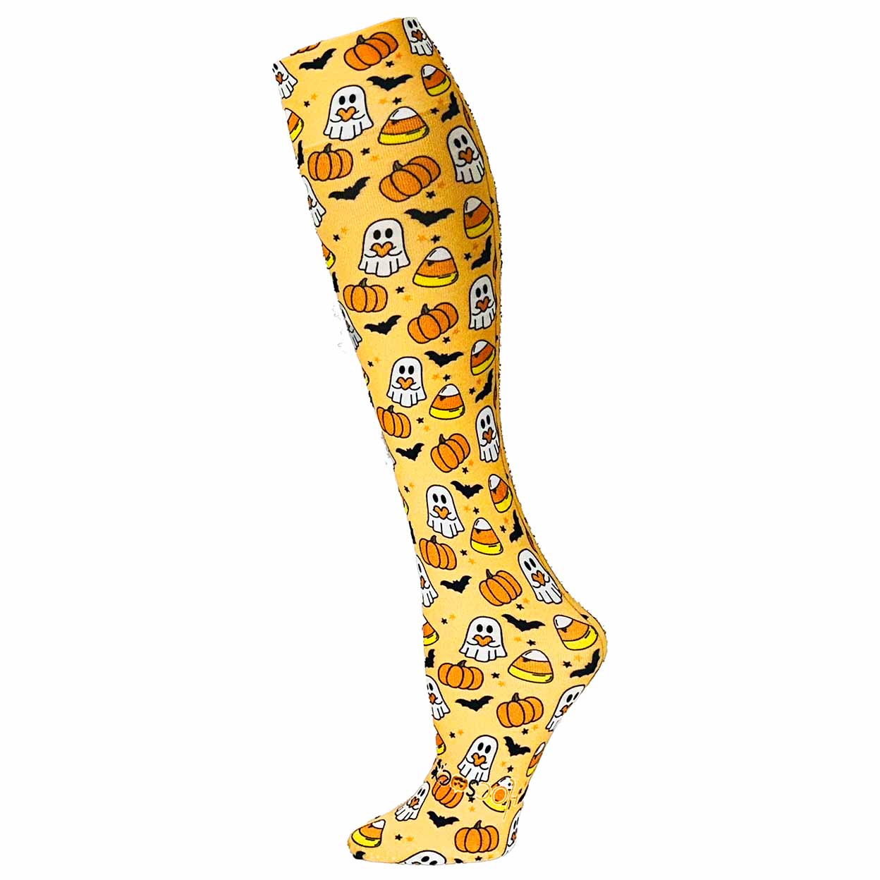 A single knee-high sock with a yellow background and a repeating Halloween pattern of orange pumpkins, white ghosts, candy corn, and black bats, shown on a plain white background.