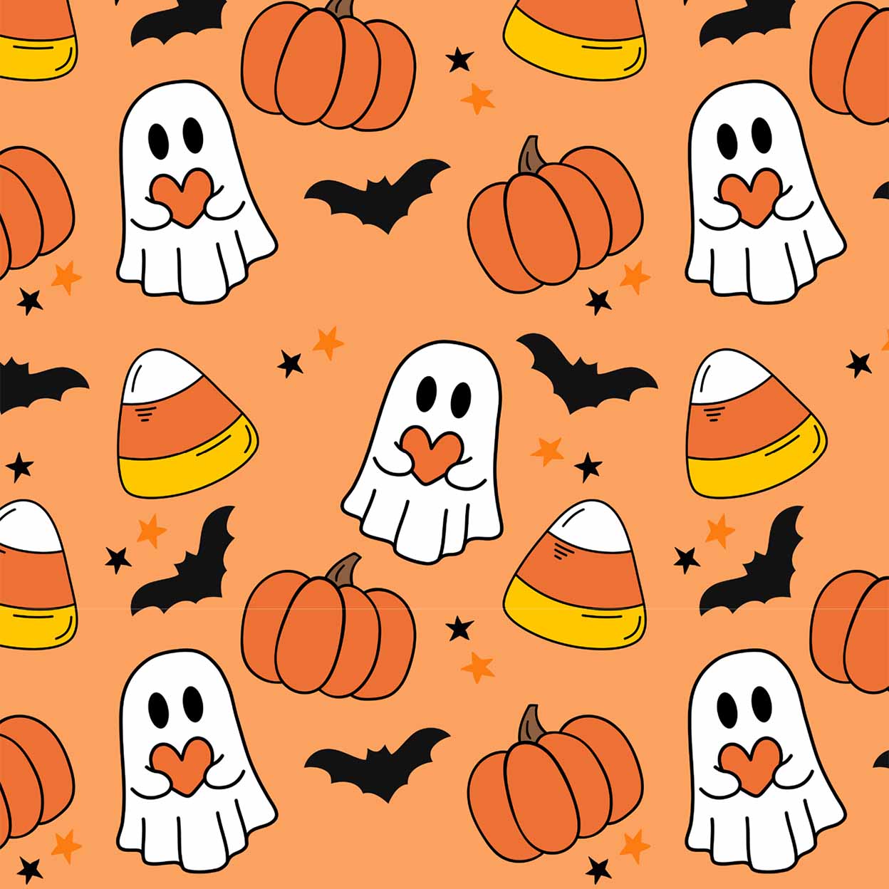 a repeating Halloween pattern of orange pumpkins, white ghosts, candy corn, and black bats.