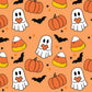 a repeating Halloween pattern of orange pumpkins, white ghosts, candy corn, and black bats.