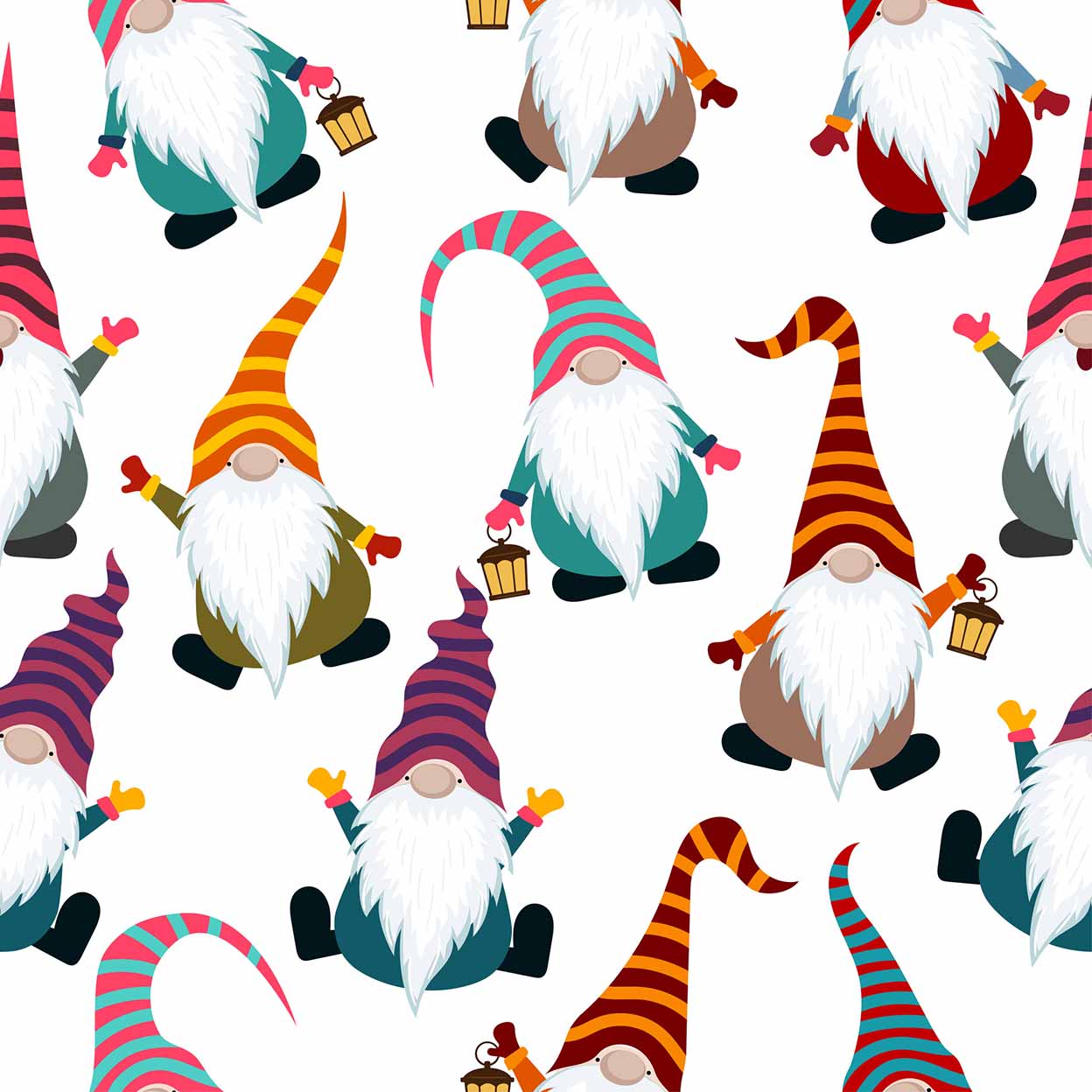Pattern of colorful gnomes with striped hats on a white background
