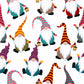Pattern of colorful gnomes with striped hats on a white background
