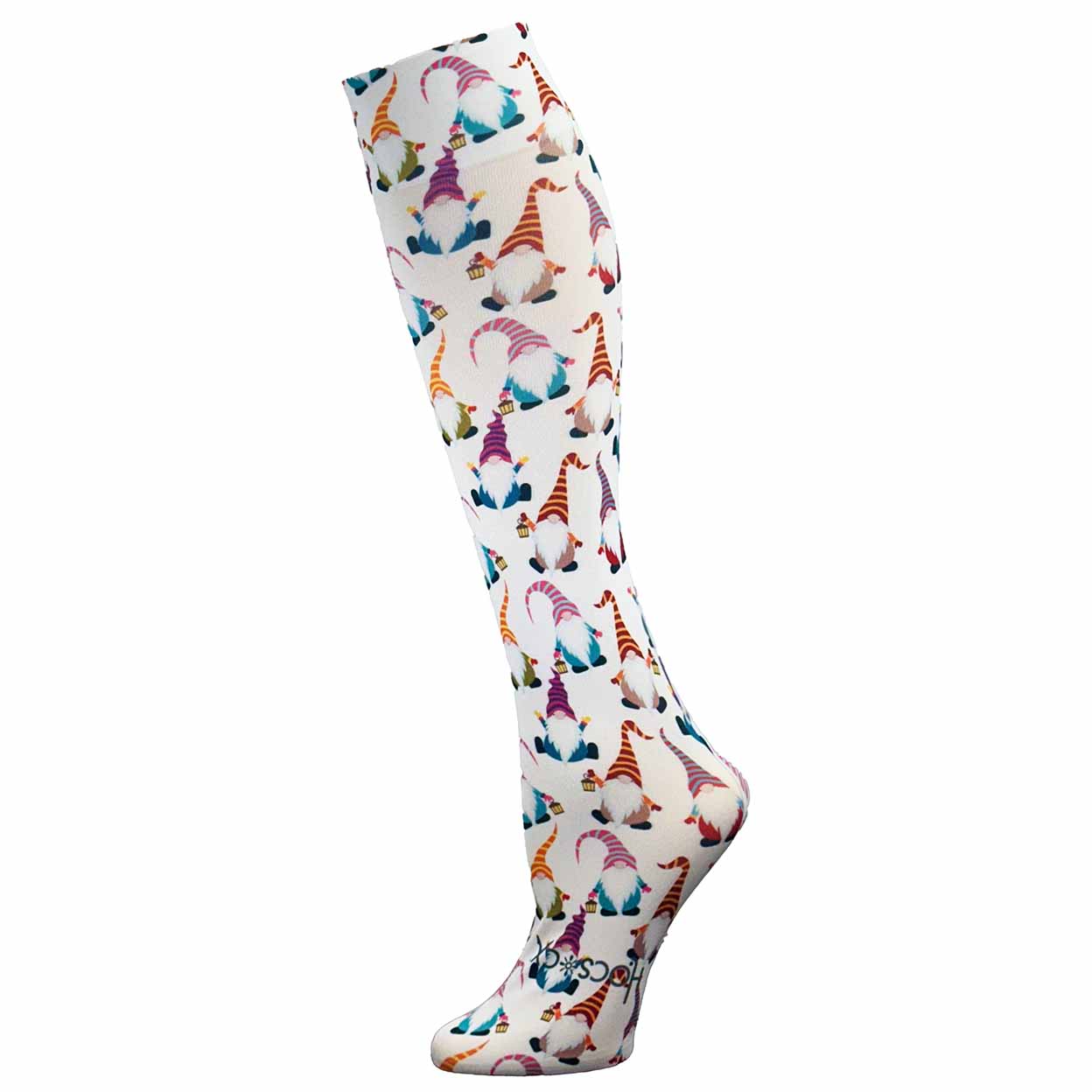 Colorful knee-high socks with gnomes pattern on a white background