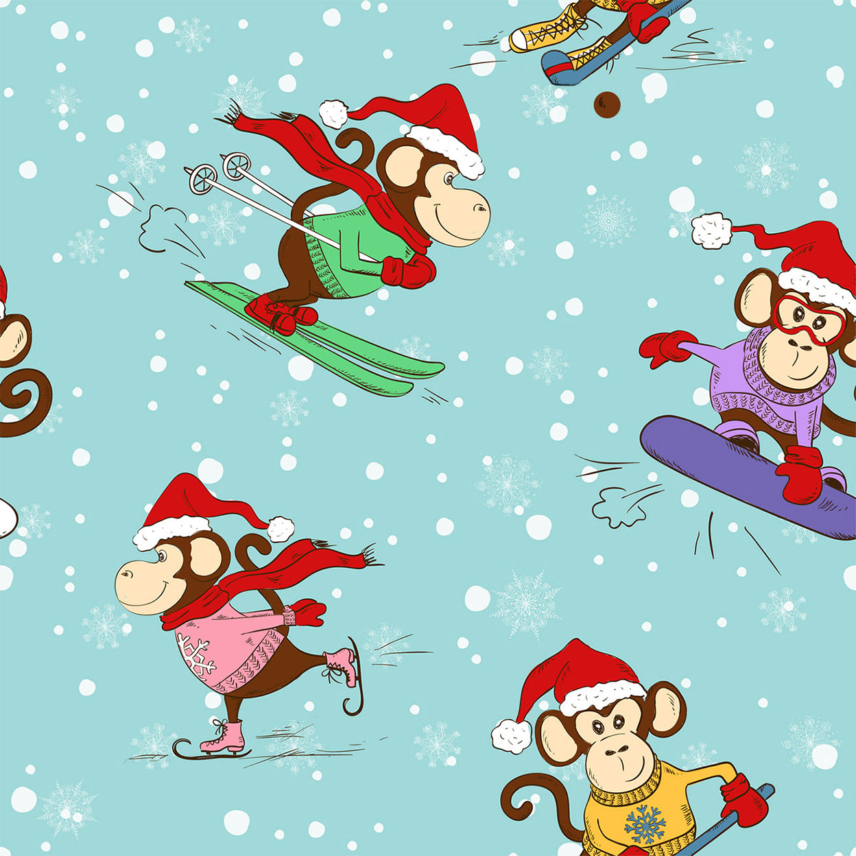Pattern of cartoon monkeys in winter activities on a blue background with snowflakes.