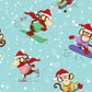Pattern of cartoon monkeys in winter activities on a blue background with snowflakes.
