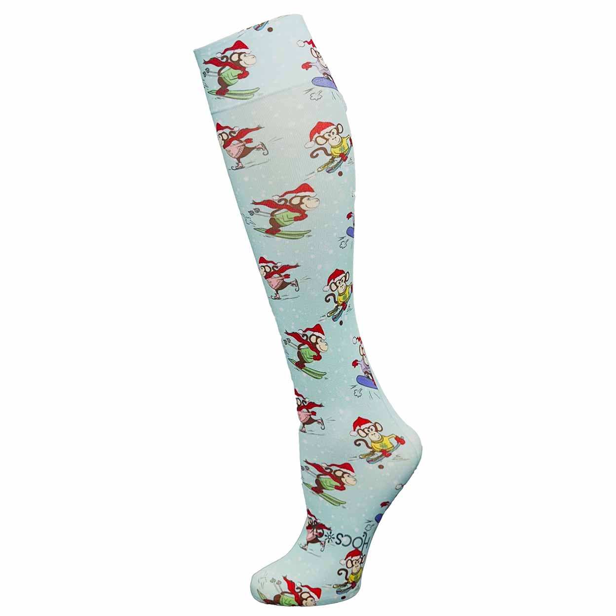 Knee-high sock with cartoon monkey character pattern on a light blue background