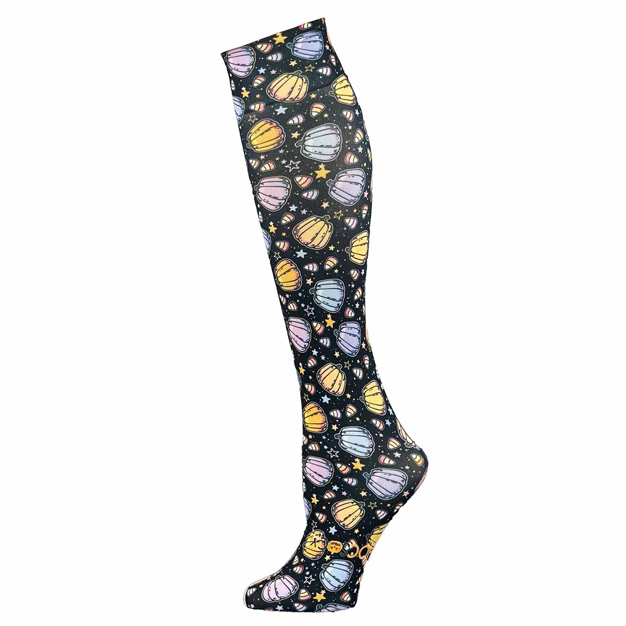 Knee-high sock with colorful pumpkin pattern on a white background