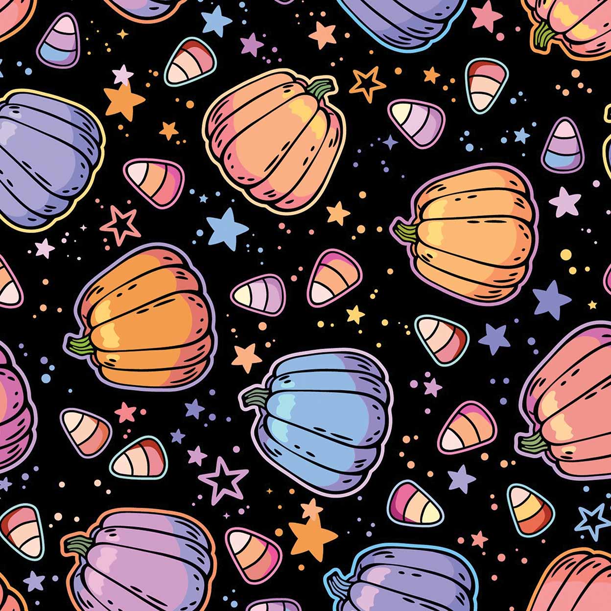 Pumpkins, stars, and candy corn on a black background
