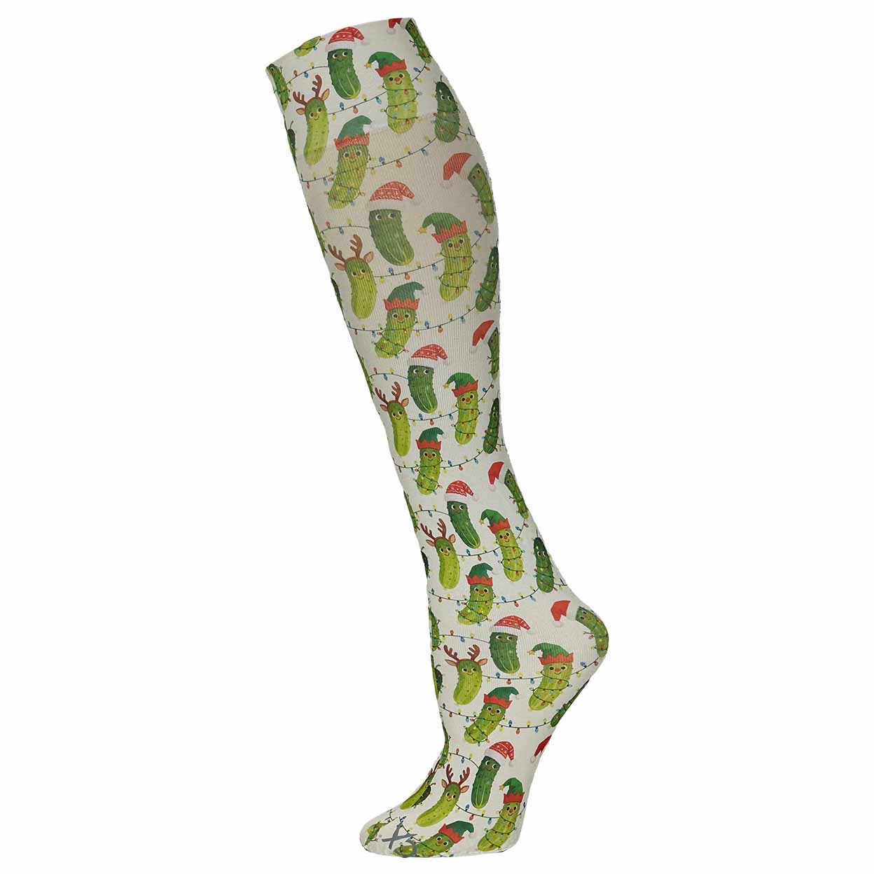 Off-white knee-high sock with a repeating print of pickles wearing Christmas hats and reindeer antlers, connected by string lights.