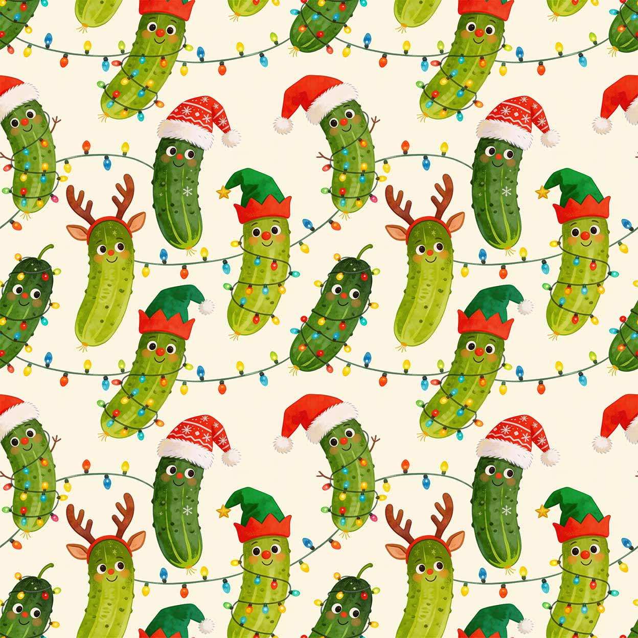 A repeating Christmas-themed pattern featuring cartoon green cucumbers with faces, some wearing Santa hats and elf hats, decorated with multicolored string lights on a cream background.
