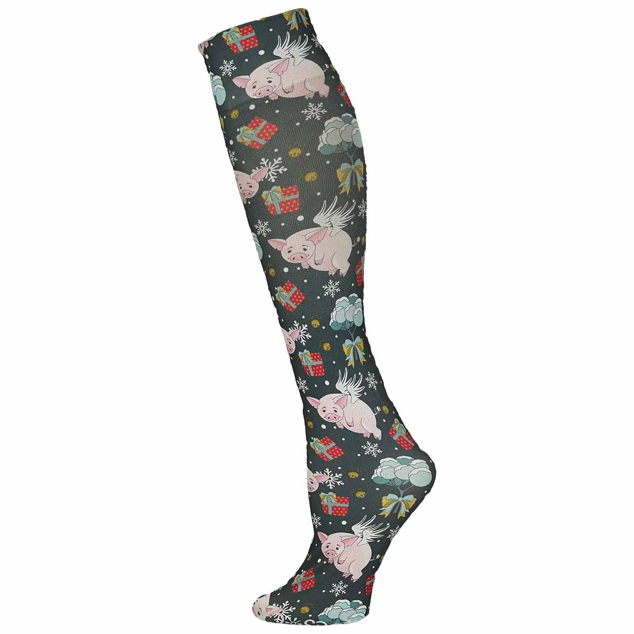 Knee-high sock with a dark pattern of flying pigs, gift boxes, and snowflakes.
