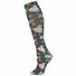 Knee-high sock with a dark pattern of flying pigs, gift boxes, and snowflakes.