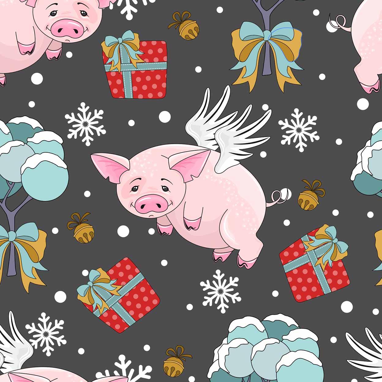A repeating Christmas-themed pattern featuring a pink pig with white wings, red gift boxes with blue bows, snowflakes, bells, and snowy trees on a dark gray background.