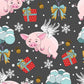 A repeating Christmas-themed pattern featuring a pink pig with white wings, red gift boxes with blue bows, snowflakes, bells, and snowy trees on a dark gray background.