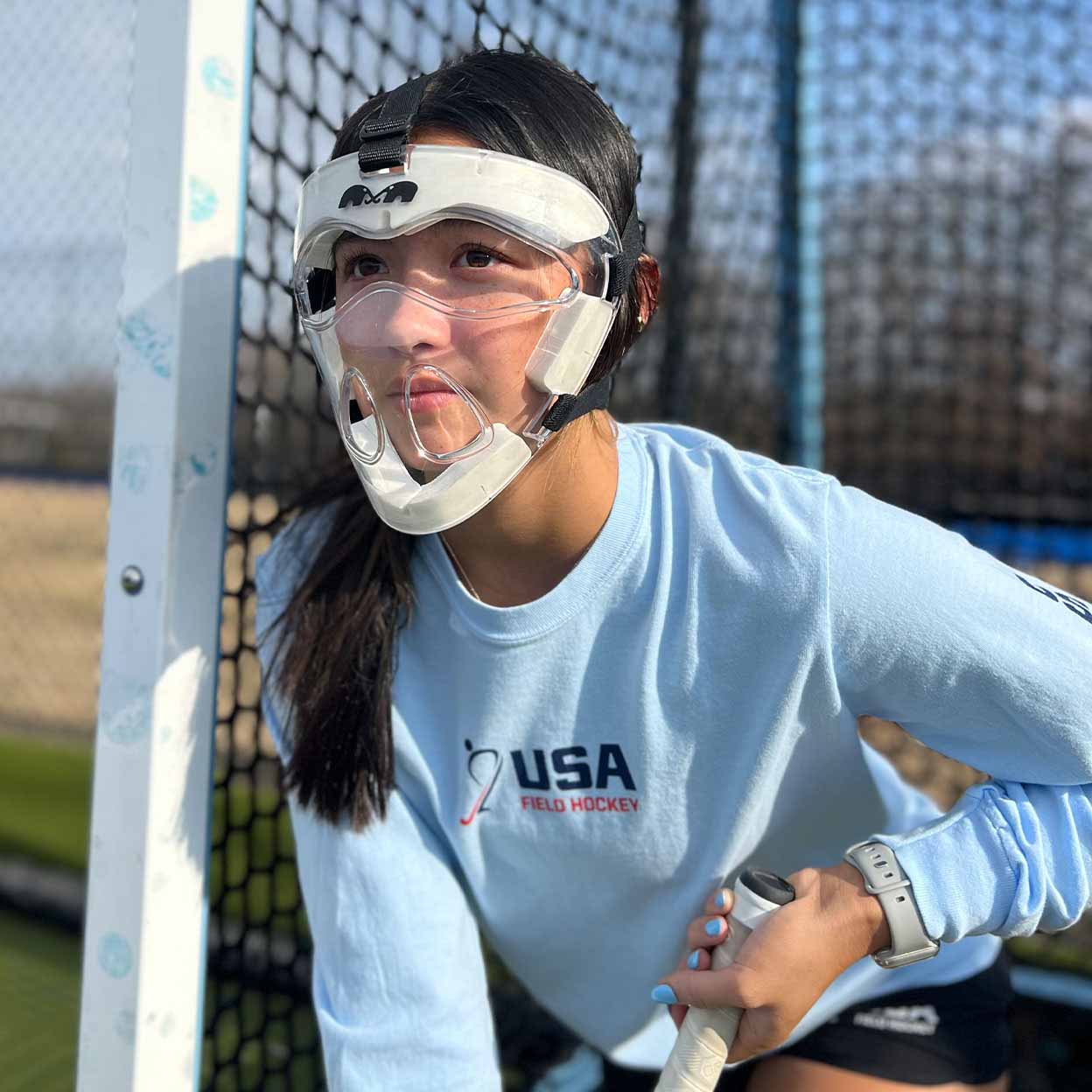 Player wearing the TK2 Field Hockey Player Mask.