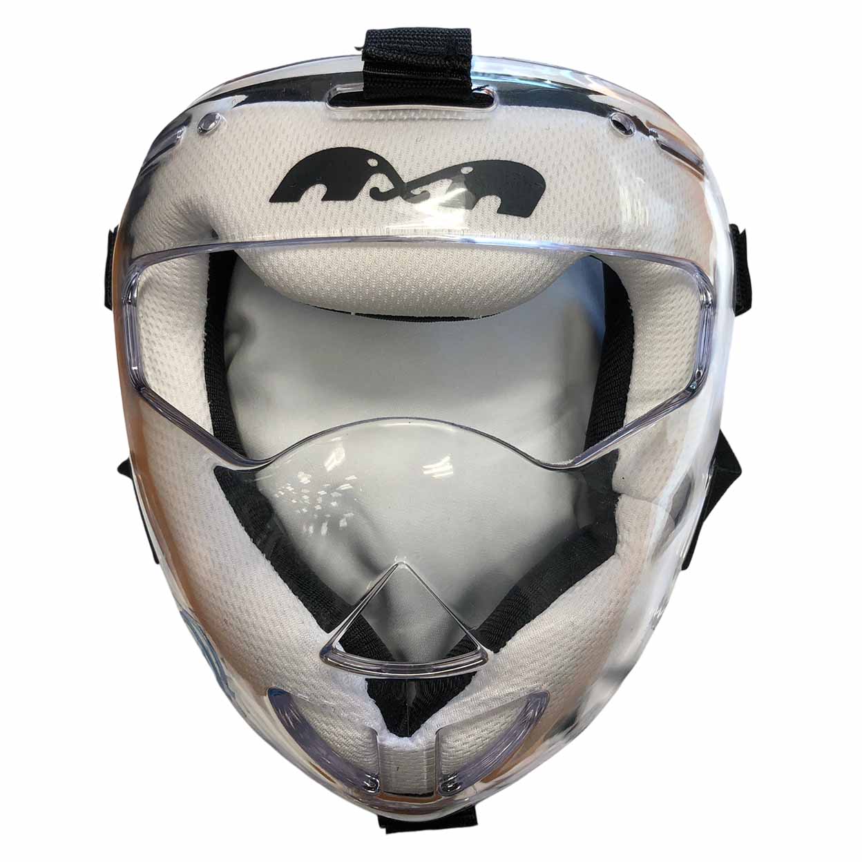 White protective mask with clear visor and black logo on a white background