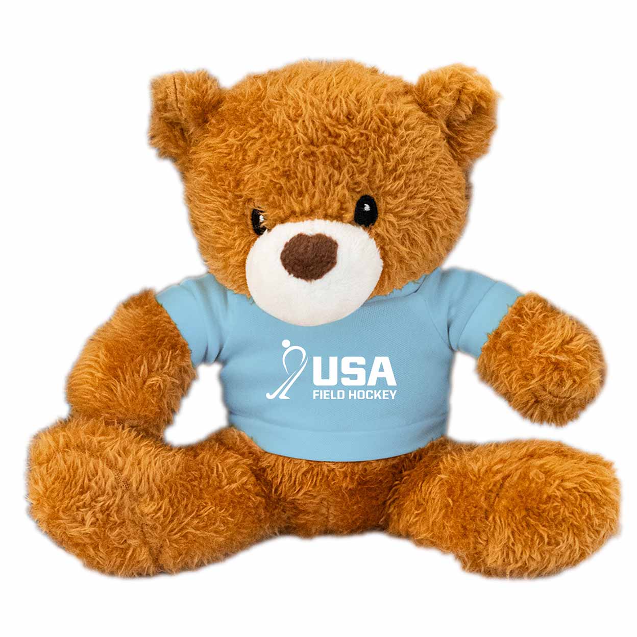 Brown teddy bear wearing a blue shirt with USA Field Hockey logo on a white background
