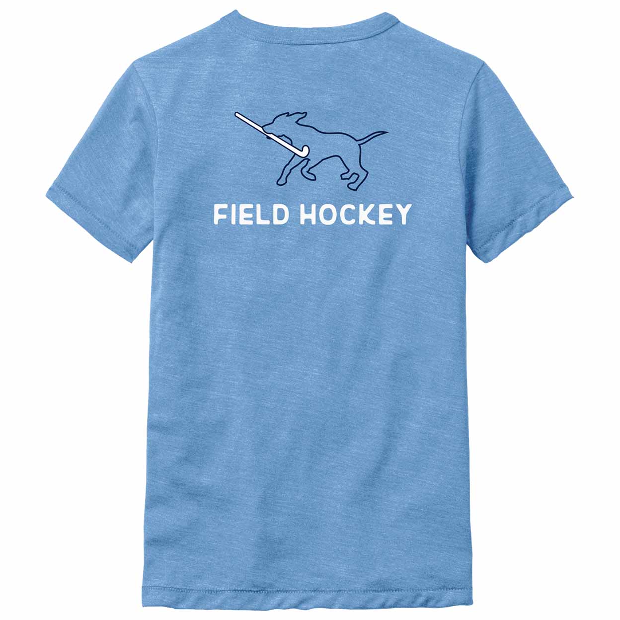 Blue t-shirt with field hockey design and text on a white background