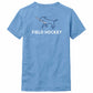Blue t-shirt with field hockey design and text on a white background