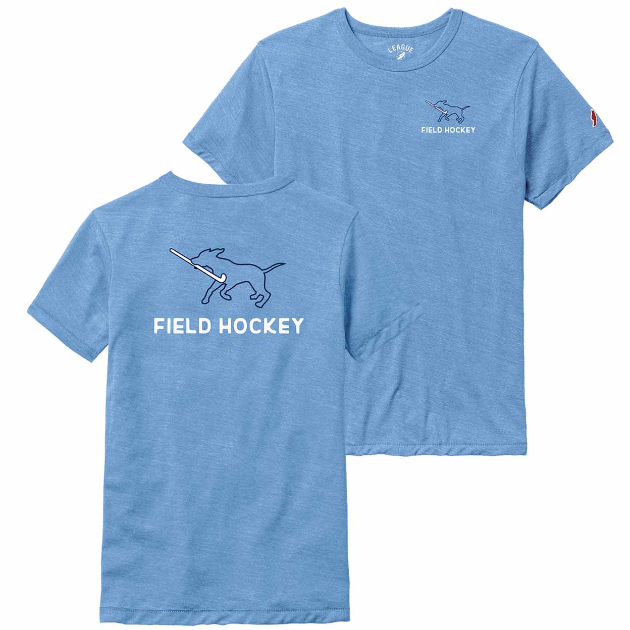 Two blue t-shirts with field hockey graphics and text on a white background