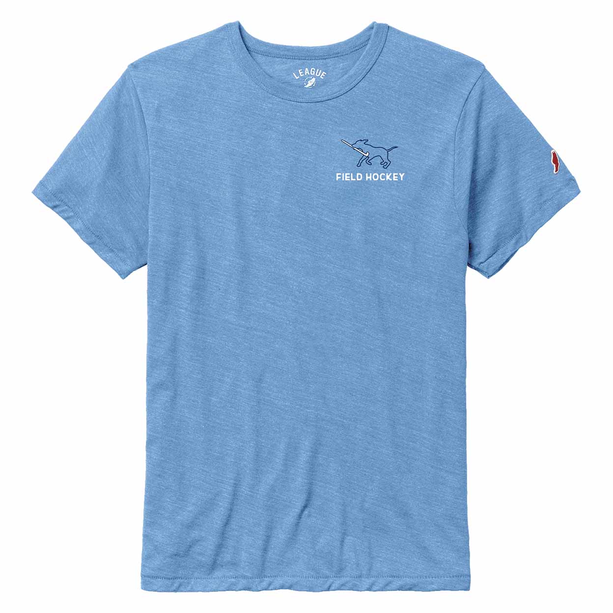 Blue t-shirt with field hockey design and 'League' branding on a white background