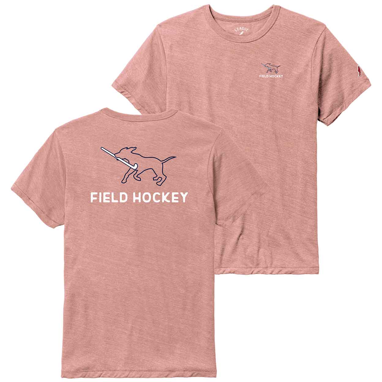 Showing both the front and back of the pink Field Hockey Dog Tee