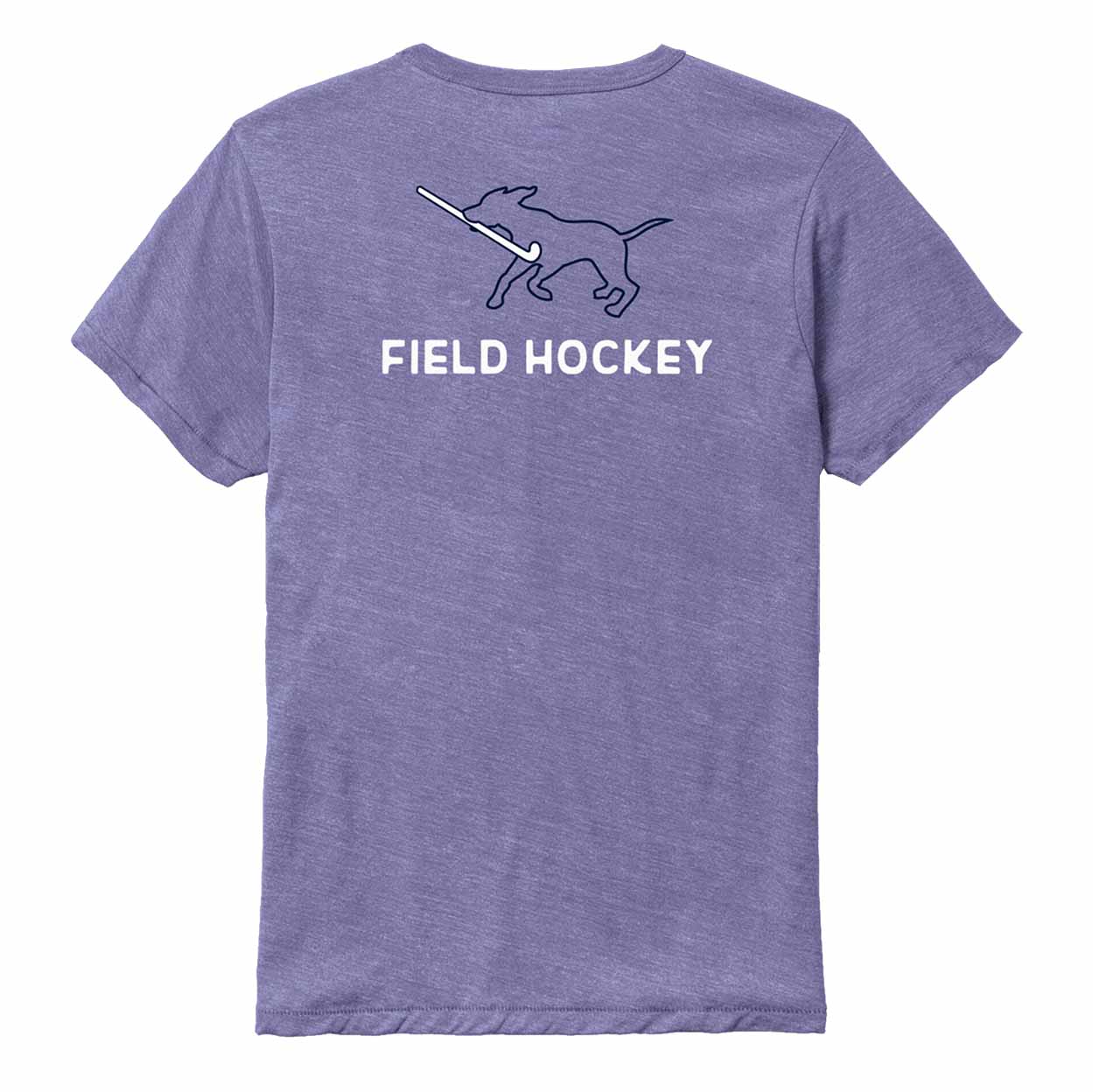 Purple t-shirt with field hockey design and text on a white background