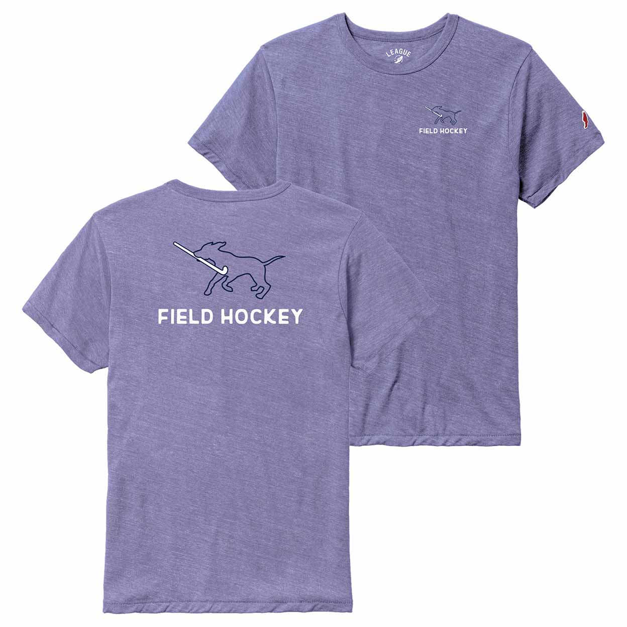 Purple t-shirt with field hockey graphics and text on a white background