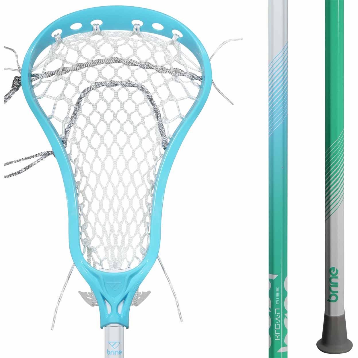 details of the front of the head and shaft on the blue Brine Krown Rise Complete Lacrosse Stick