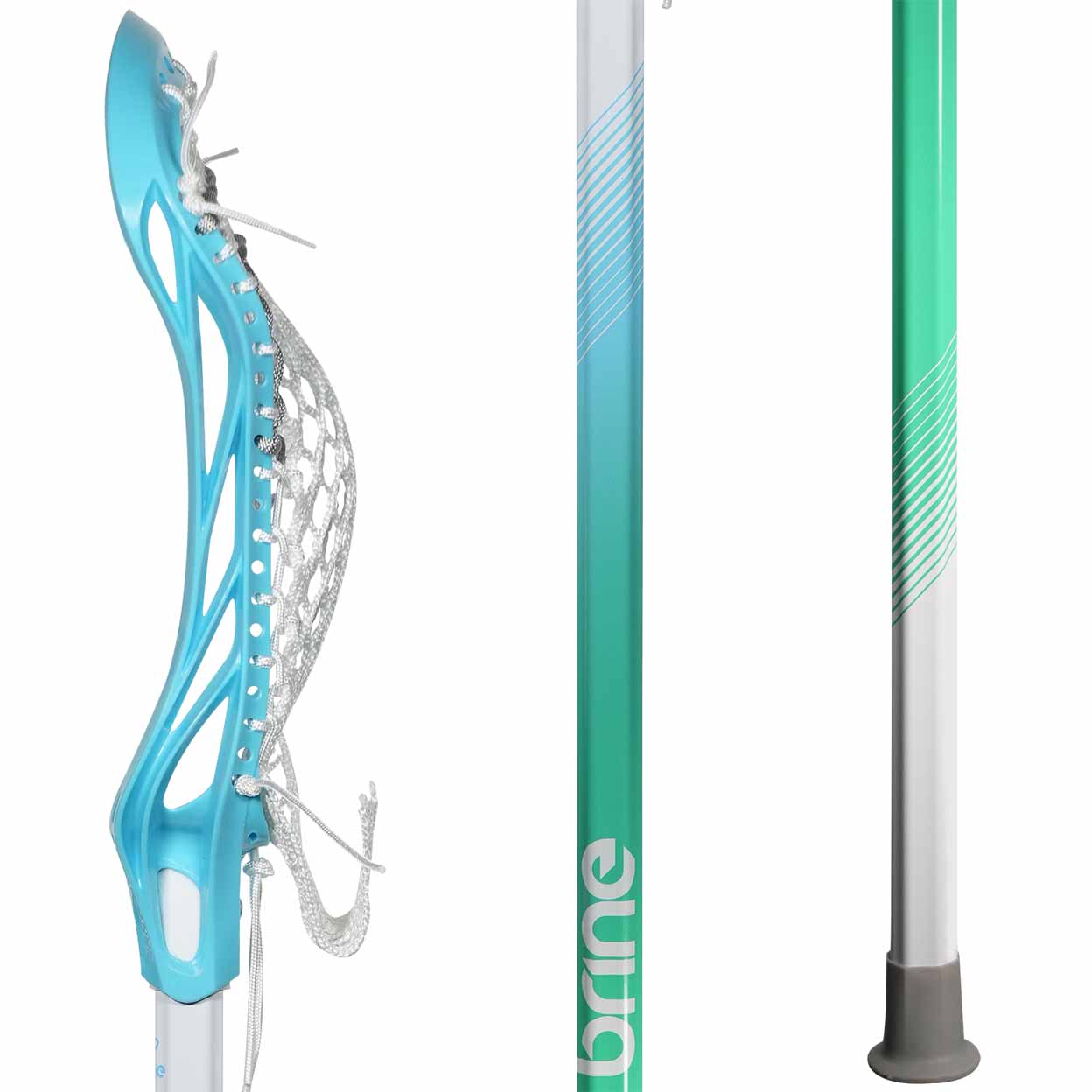 side view of the head and details on the shaft of the blue Brine Krown Rise Complete Lacrosse Stick