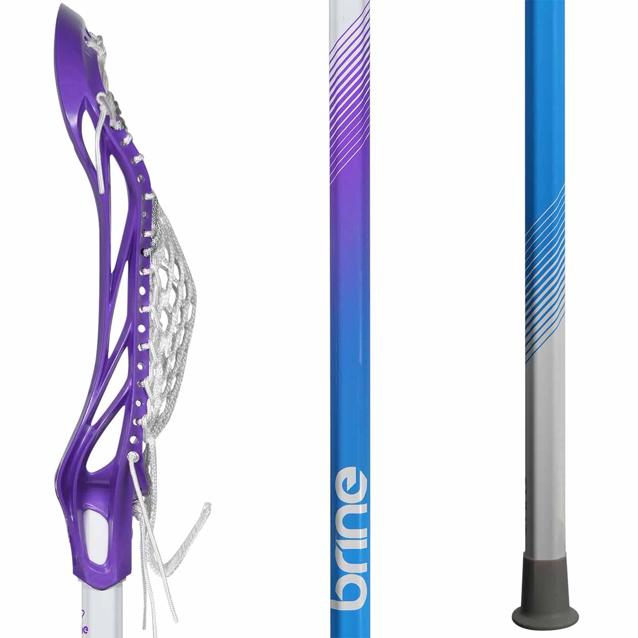 closeup side view of the purple head and shaft of the Brine Krown Rise Complete Lacrosse Stick