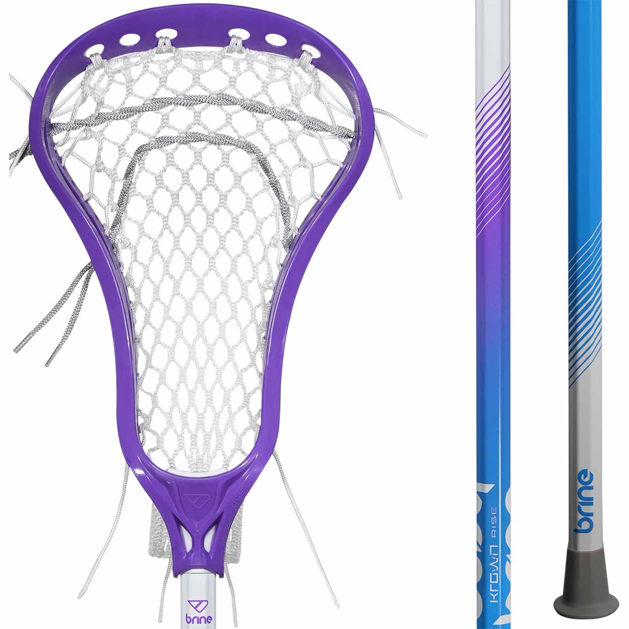 close up of the purple head and shaft of the Brine Krown Rise Complete Lacrosse Stick