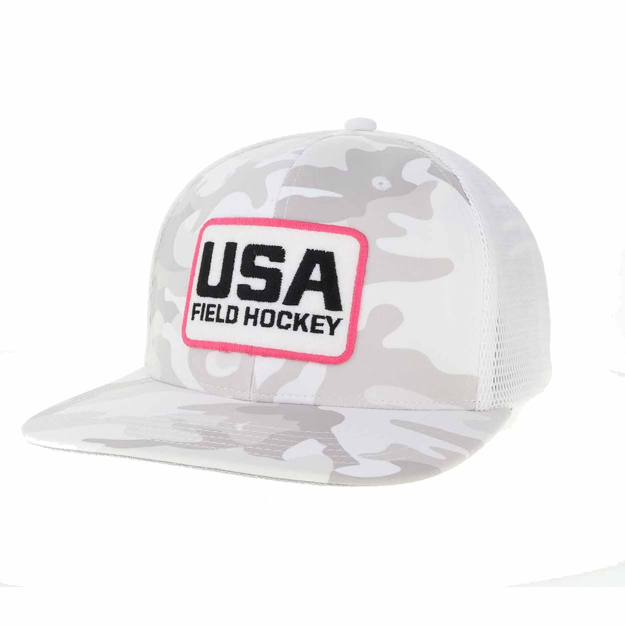 White camouflage cap with 'USA Field Hockey' patch on a white background