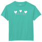 A teal short-sleeve crewneck t-shirt featuring three white hearts and the words 'field hockey' in white script across the chest. 
