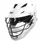 Angled front view of the white Brine Burn X Goalie Helmet