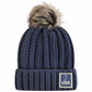 Navy blue knit pom-pom beanie with a USA Field Hockey patch on the cuff.