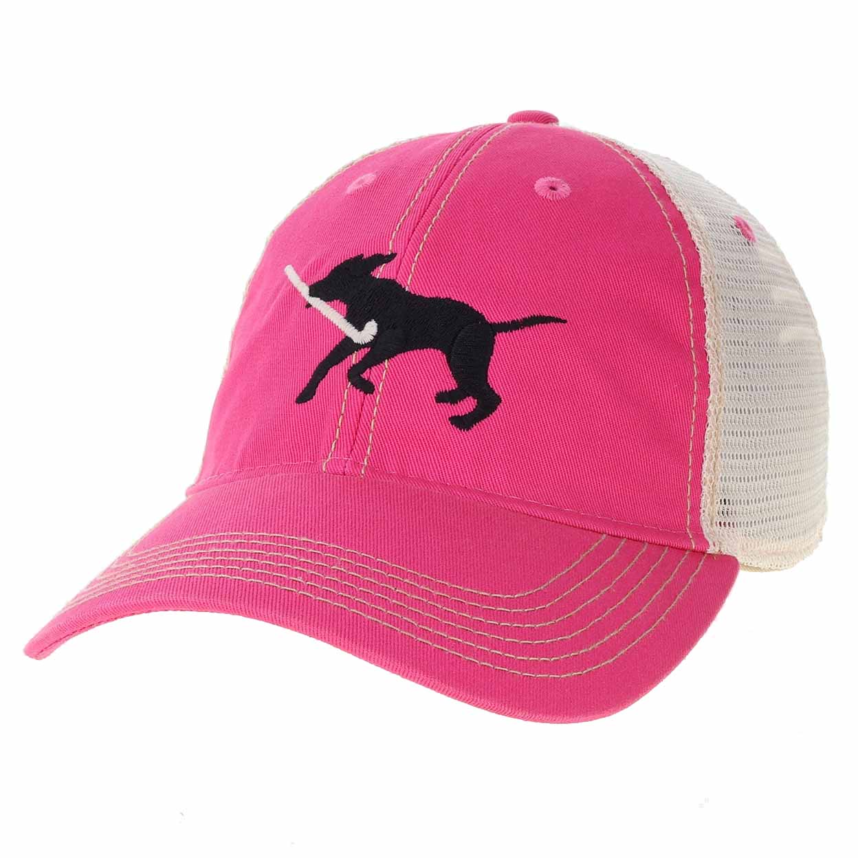 A pink trucker-style baseball cap with a white mesh back and a black embroidered dog graphic holding a white stick on the front panel.