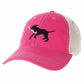 A pink trucker-style baseball cap with a white mesh back and a black embroidered dog graphic holding a white stick on the front panel.