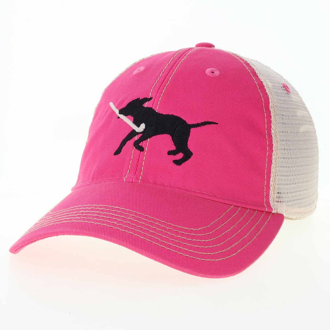A pink trucker-style baseball cap with a white mesh back and a black embroidered dog graphic holding a white stick on the front panel.