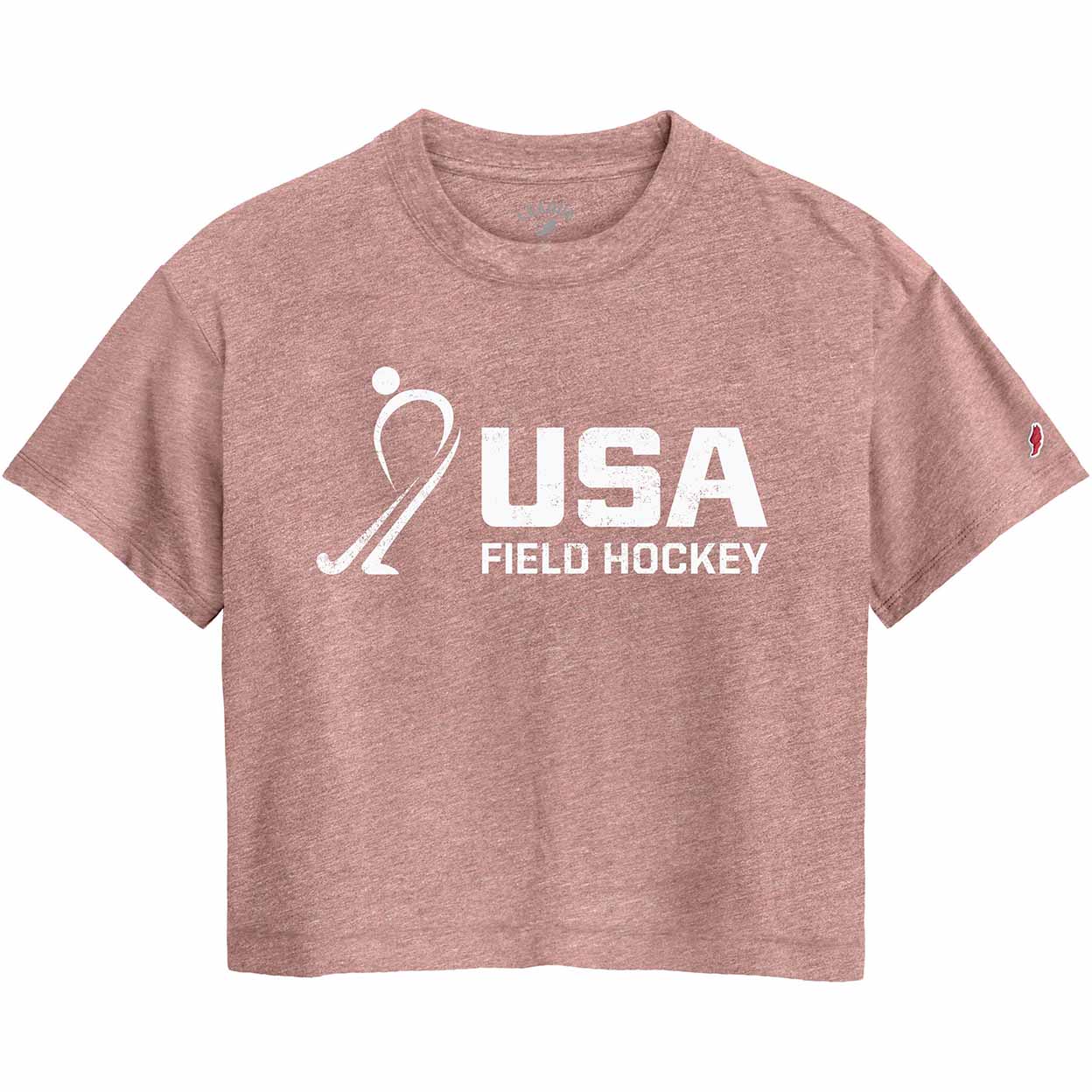 pink t-shirt with USA Field Hockey logo on a white background