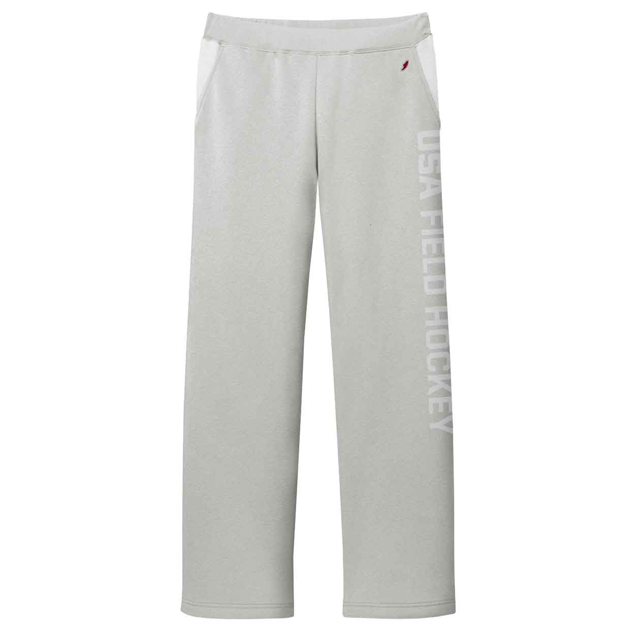 A pair of grey women's athletic pants with an open bottom hem and a relaxed fit. The pants feature front pockets and the words 
