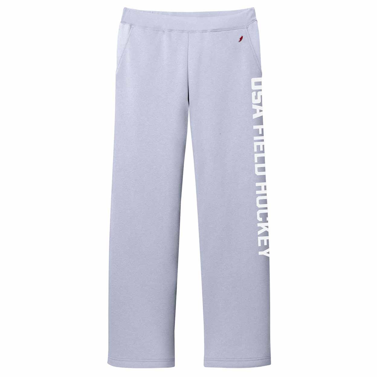 A pair of light blue women's athletic pants with an open bottom hem and a relaxed fit. The pants feature front pockets and the words 