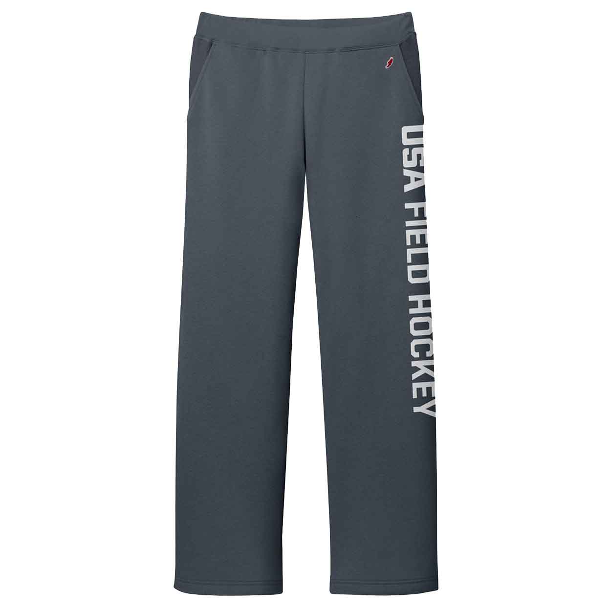 A pair of navy blue women's athletic pants with an open bottom hem and a relaxed fit. The pants feature front pockets and the words 