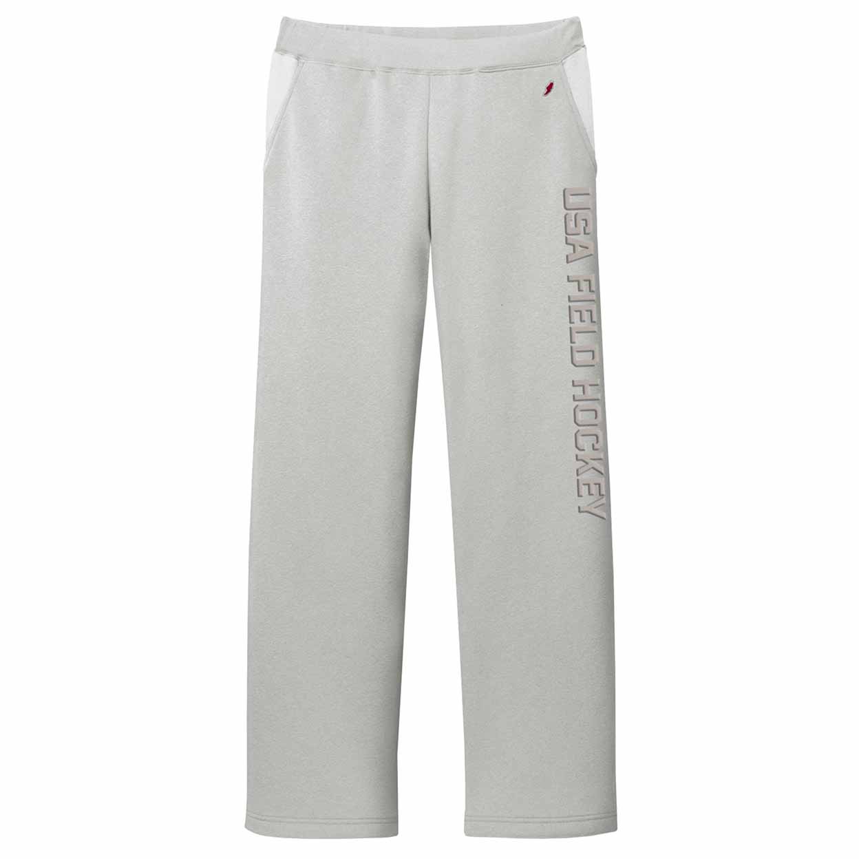 Gray pants featuring vertical 'USA FIELD HOCKEY' text printed in grey down the right leg, shown against a plain white background.