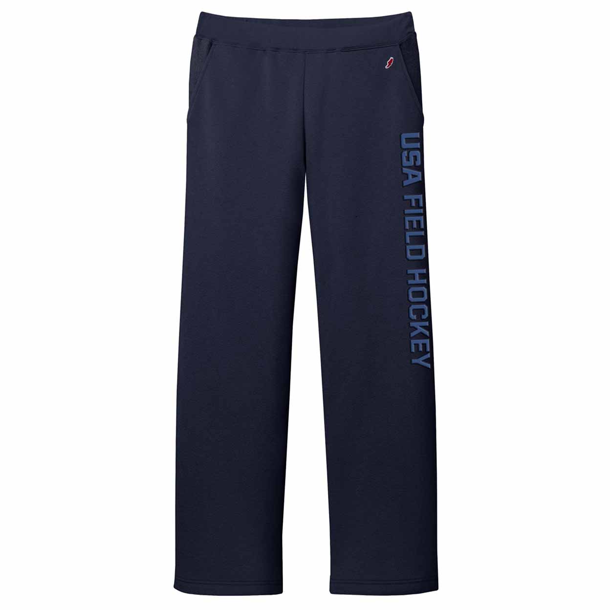 Navy blue sweatpants featuring vertical 'USA FIELD HOCKEY' text printed in light blue down the right leg, shown against a plain white background.