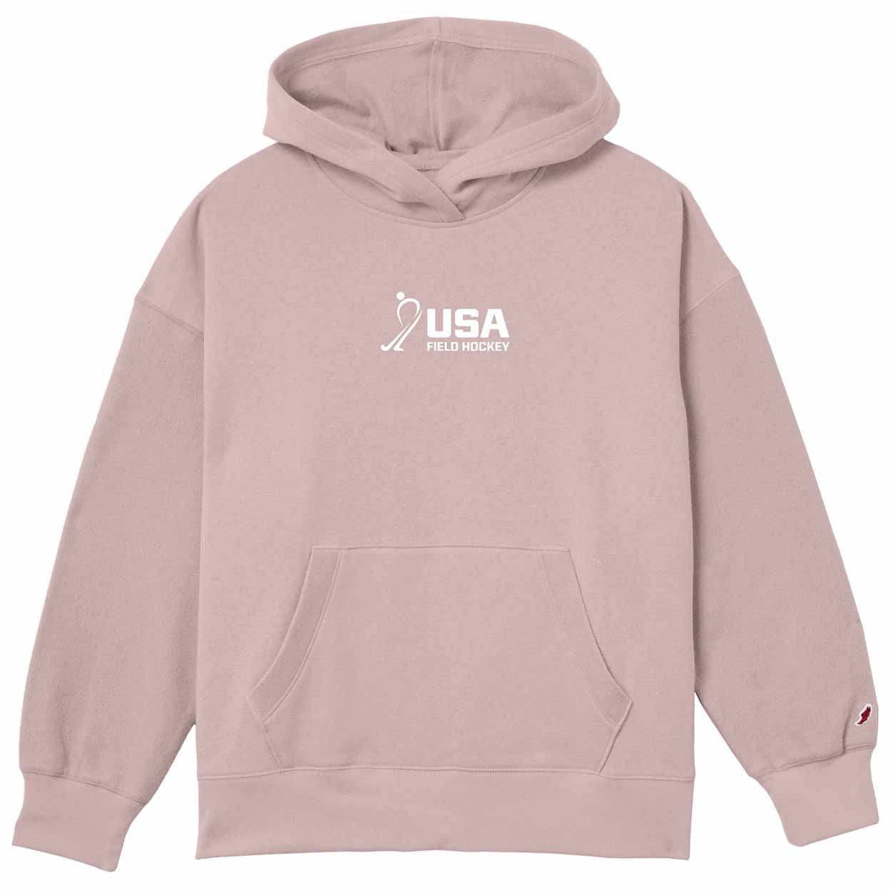 Pink hooded sweatshirt with the USA field hocky logo on the center chest on a white background.