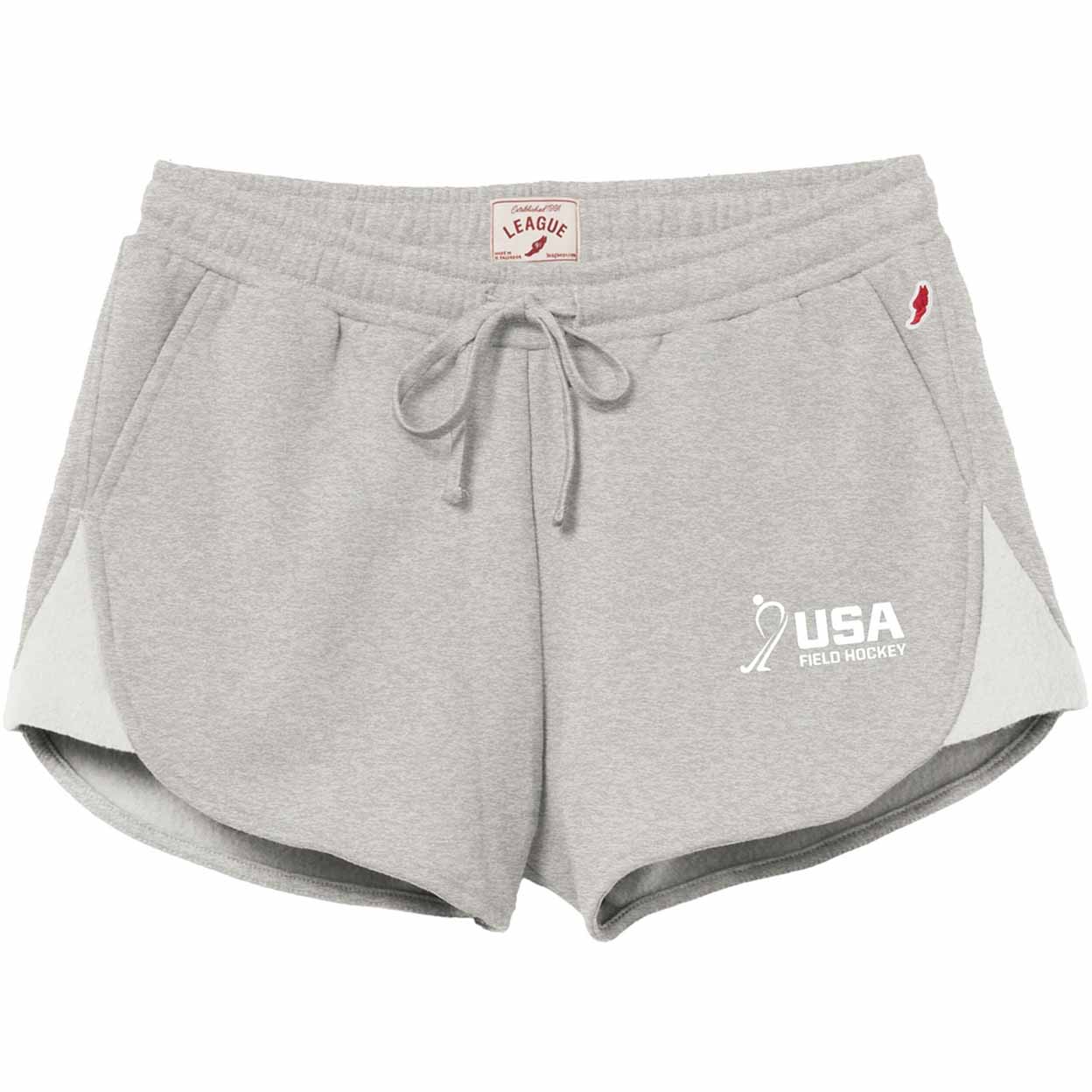 Gray shorts with a drawstring and USA Field Hockey logo on a white background